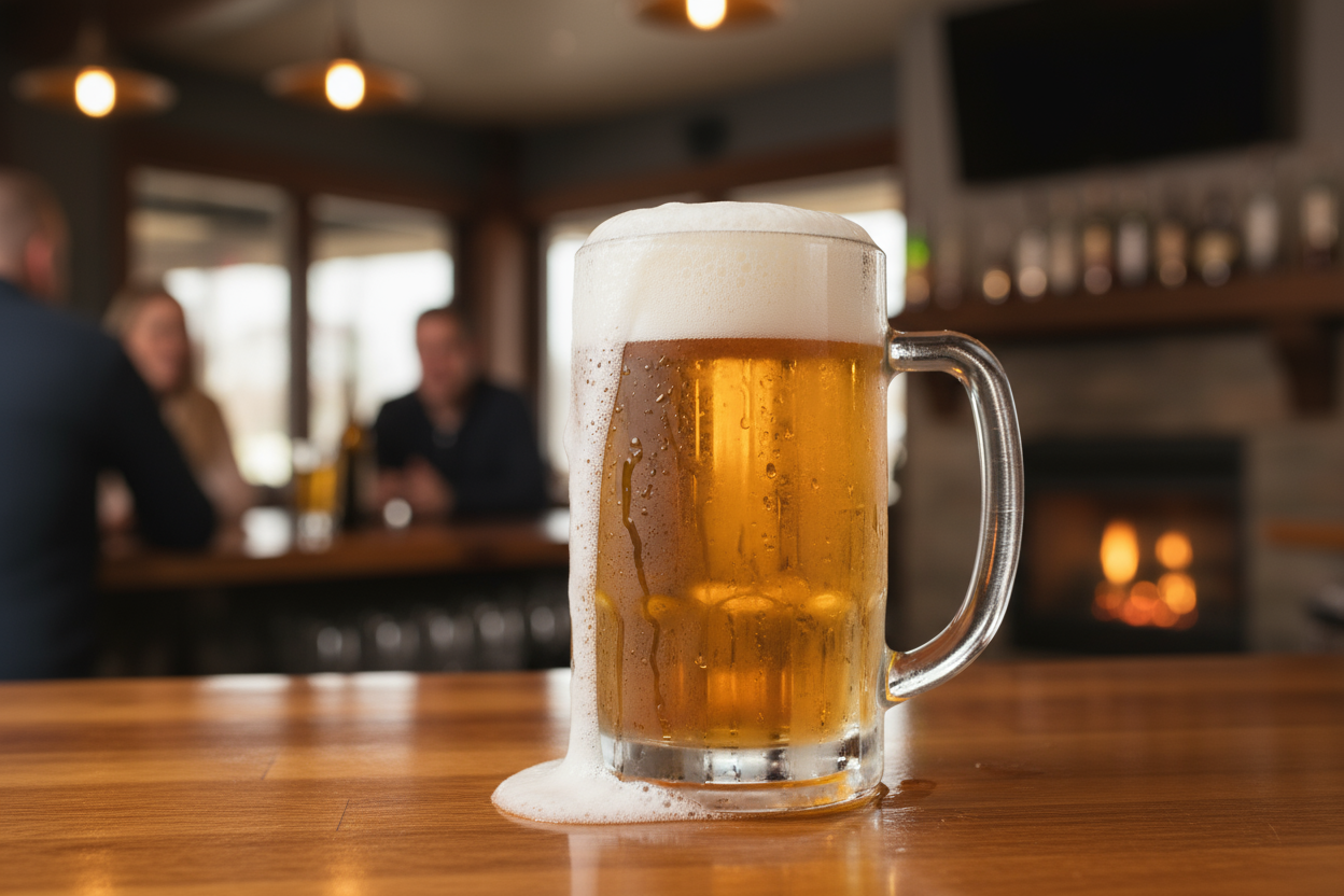 barra de bar con cerveza servida en un tarro